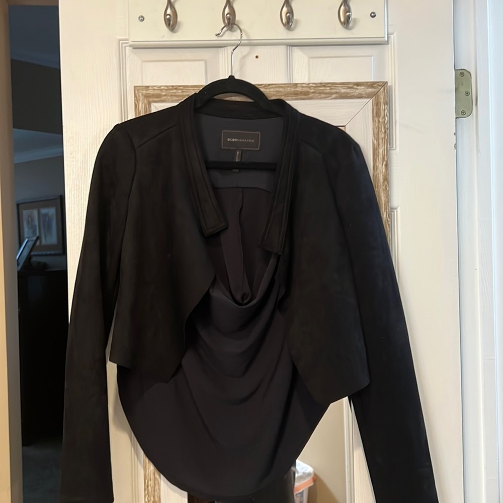 black swede jacket with draping in the back